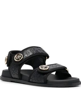 Salvatore Ferragamo keita sz 6 c  Black Embossed Strap Sandals Gold Buttons